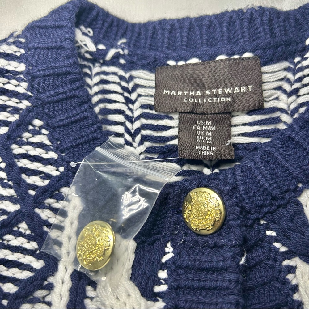 NWOT Martha Stewart Navy & White Preppy Gold Button Cardigan Sweater Size Medium - Picture 10 of 16